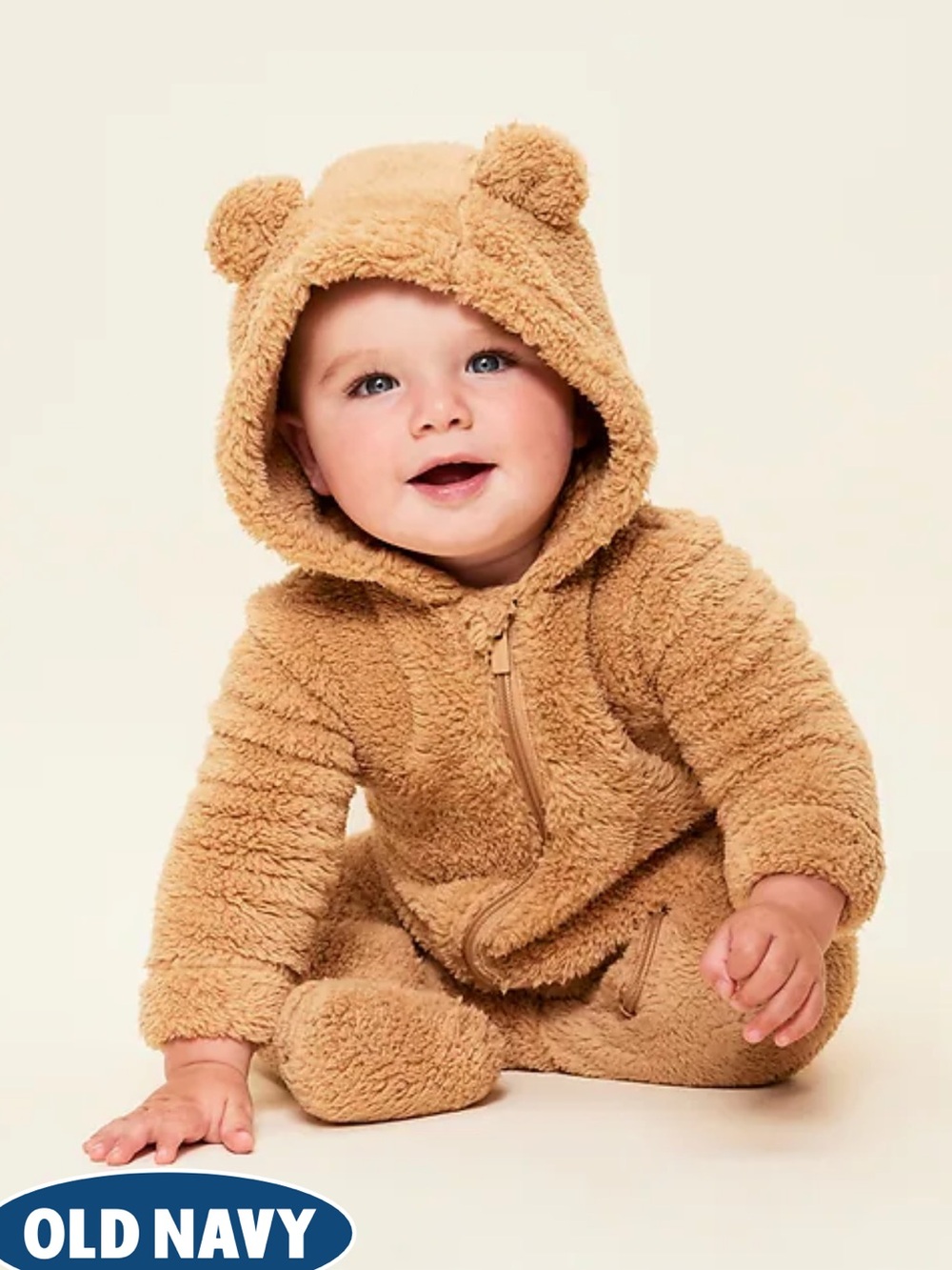 Old Navy Bear Hooded Teddy Fleece One-Piece in Camel Brown